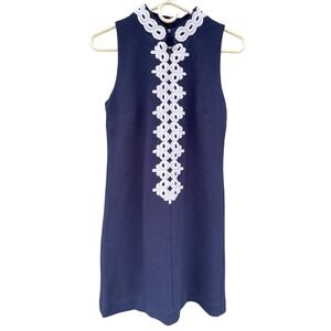 Lilly Pulitzer Womens Callista High Collar Shift Dress Navy Blue Lace Trim Sz M